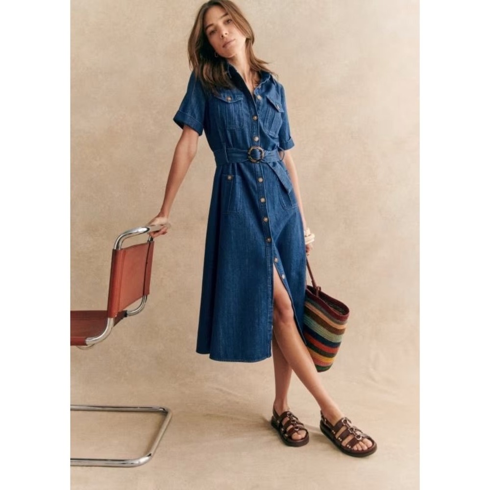 Sezane Raquel Denim Midi Shirt Dress Blue Organic Cotton Button Front US 14